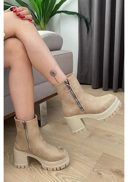 Kadın Krem Süet Fermuarlı 8 cm Platfom Topuklu Bot modelleri