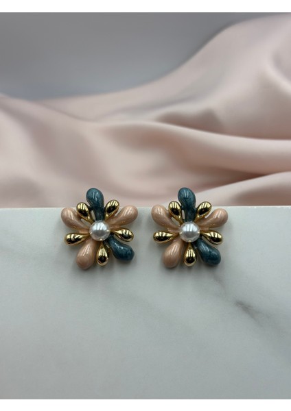 Mavi ve Pembe Mineli Inci Detaylı Çiçek Formlu Tasarım Küpe