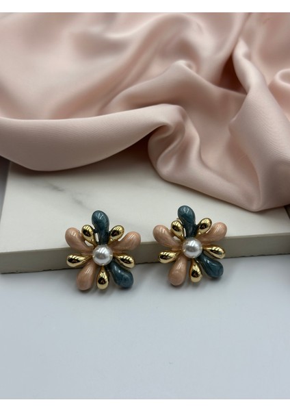 Mavi ve Pembe Mineli Inci Detaylı Çiçek Formlu Tasarım Küpe fiyatları