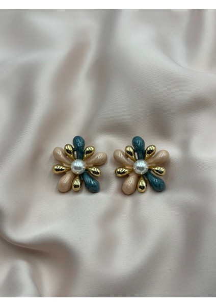 Mavi ve Pembe Mineli Inci Detaylı Çiçek Formlu Tasarım Küpe indirimleri