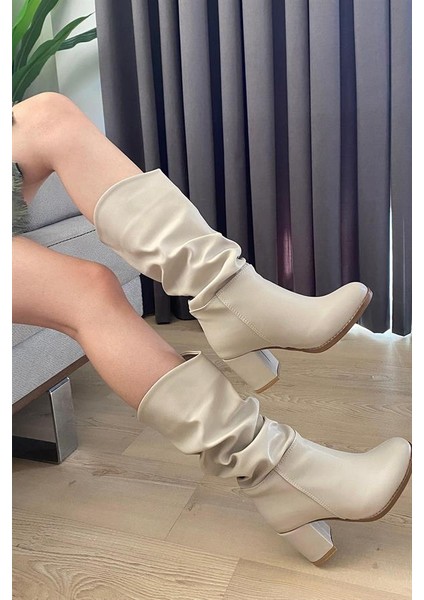 Kadın Krem Cilt Körüklü Çizme modelleri