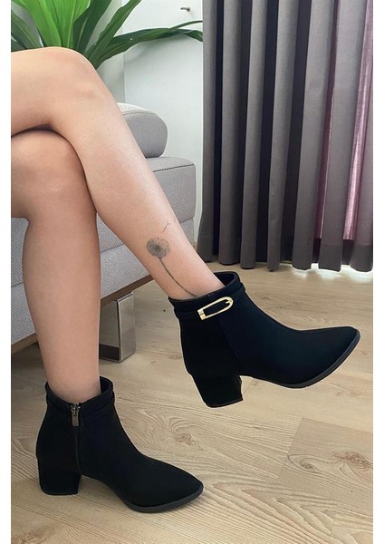 Kadın Siyah Zümrüt Ince Tokalı( 6 cm ) Topuklu Sivri Burun Bot modelleri