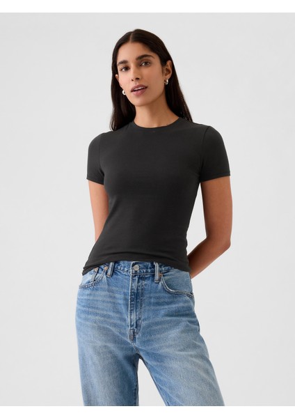 Kadın Siyah Closeknit Jersey T-Shirt