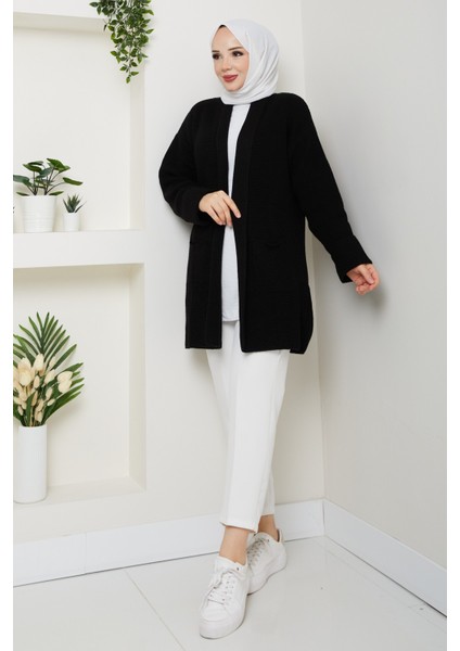 Kadın Kol Ağzı Katlamalı Cepli Midi Boy Hırka -PMK452