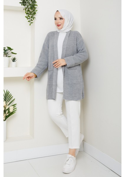 Kadın Kol Ağzı Katlamalı Cepli Midi Boy Hırka -PMK452