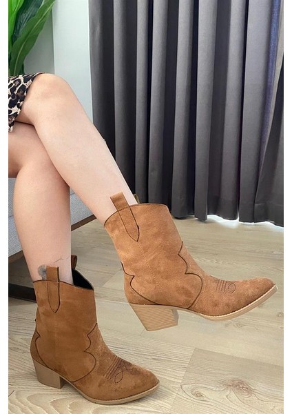 Kadın Taba Süet Kısa Topuklu Kovboy Bot