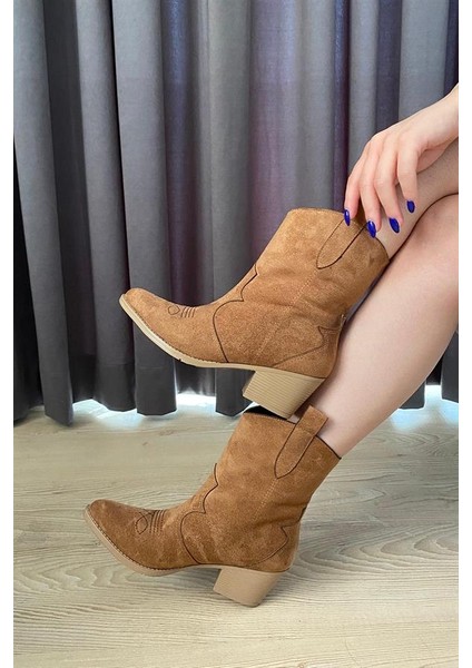 Kadın Taba Süet Kısa Topuklu Kovboy Bot indirimleri