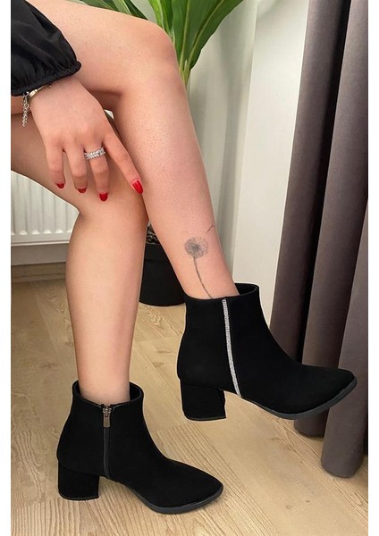 Kadın Siyah Zümrut Yandan Taşlı ( 6 cm ) Topuklu Sivri Burun Bot fiyatları