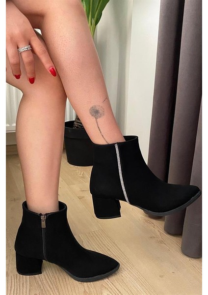 Kadın Siyah Zümrut Yandan Taşlı ( 6 cm ) Topuklu Sivri Burun Bot fırsatları