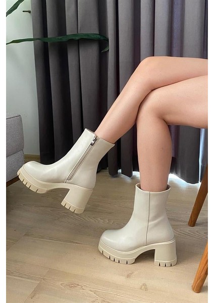 Kadın Pita Krem Cilt ( 8 cm ) Platfom Topuklu Fermuarlı Bot fiyatları
