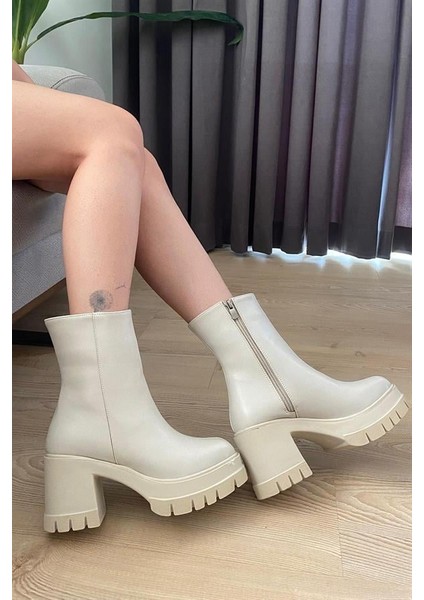 Kadın Pita Krem Cilt ( 8 cm ) Platfom Topuklu Fermuarlı Bot modelleri