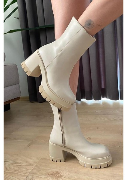 Kadın Pita Krem Cilt ( 8 cm ) Platfom Topuklu Fermuarlı Bot fırsatları