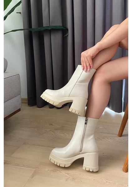 Kadın Pita Krem Cilt ( 8 cm ) Platfom Topuklu Fermuarlı Bot indirimleri