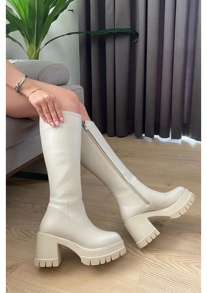 Kadın Krem Cilt 8 cm Topuklu Yandan Fermuarlı Çizme