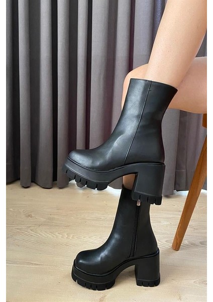 Kadın Siyah Deri ( 8 cm ) Platfom Topuklu Fermuarlı Bot indirimleri