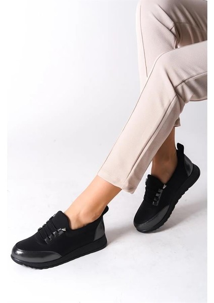 Kadın Siyah Platın Bağcıklı Lastikli Ortopedik Rahat Taban Taş Detaylı Günlük Babet Anne Ayakkabısı fiyatları