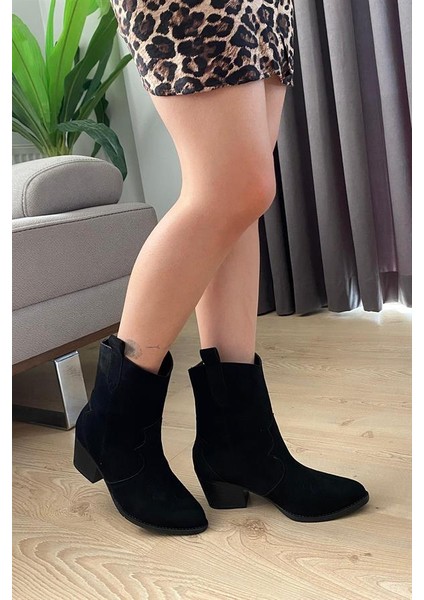 Kadın Siyah Süet Kısa Topuklu Kovboy Bot