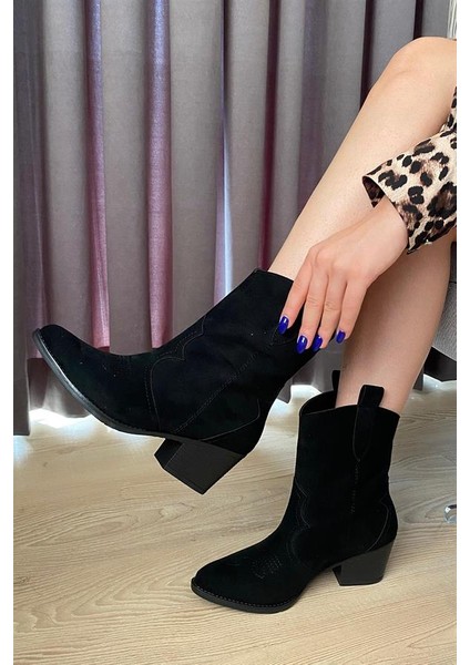 Kadın Siyah Süet Kısa Topuklu Kovboy Bot modelleri