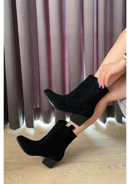 Kadın Siyah Süet Kısa Topuklu Kovboy Bot fırsatları