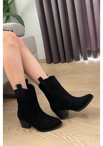 Kadın Siyah Süet Kısa Topuklu Kovboy Bot indirimleri