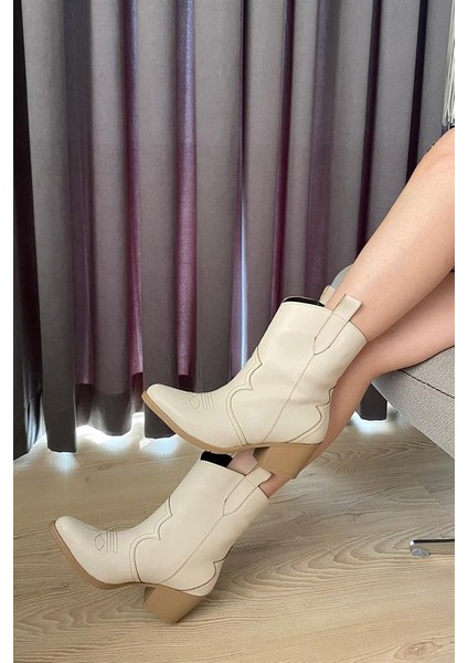 Kadın Krem Cilt Kısa Topuklu Kovboy Bot modelleri