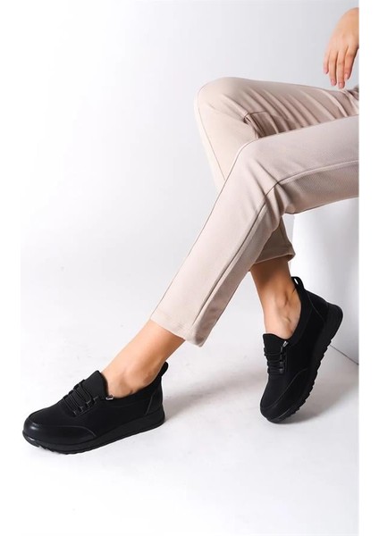 Kadın Siyah Bağcıklı Lastikli Ortopedik Rahat Taban Taş Detaylı Günlük Babet Anne Ayakkabısı fiyatları