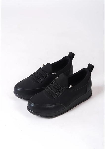 Kadın Siyah Bağcıklı Lastikli Ortopedik Rahat Taban Taş Detaylı Günlük Babet Anne Ayakkabısı fırsatları