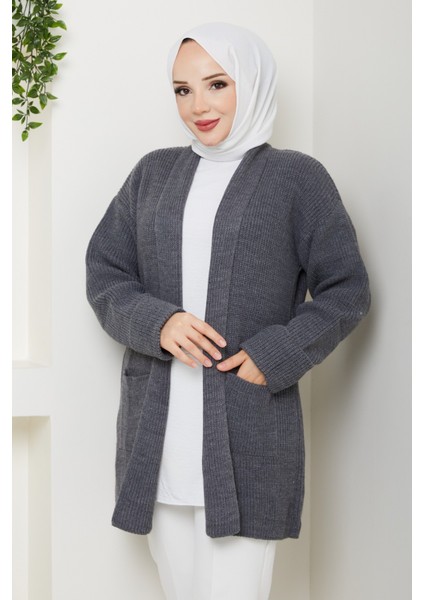 Kadın Kol Ağzı Katlamalı Cepli Midi Boy Hırka -PMK452