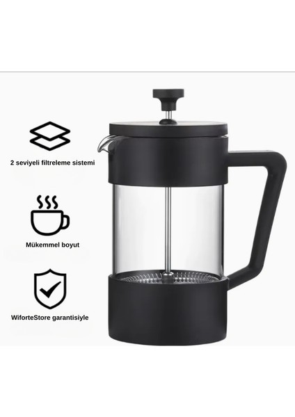 Wiforte Siyah French Press 420 ml – Isıya Dayanıklı Kahve Demleme Pressi, Ince Filtreli, Manuel Kullanım, Ev ve Ofis Için