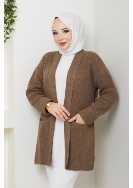 Kadın Kol Ağzı Katlamalı Cepli Midi Boy Hırka -PMK452