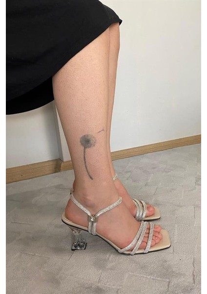Kadın Krem Rugan Taşlı Bilekten Gecmeli Şeffaf Topuklu Ayakkabı indirimleri