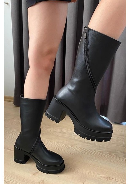 Kadın Siyah Cilt Döner Fermuarlı Çizme 8 cm Topuklu Suni Deri Şık Tasarım