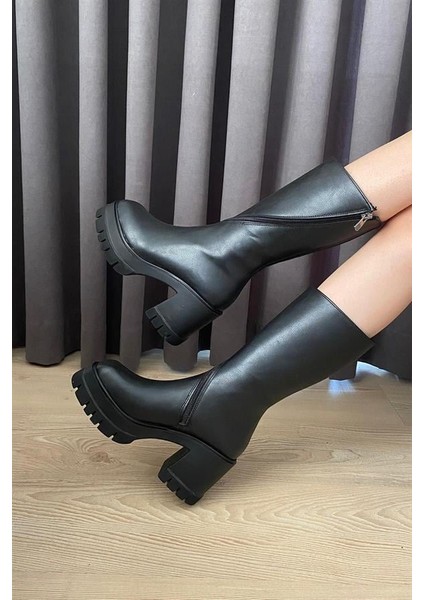Kadın Siyah Cilt Döner Fermuarlı Çizme 8 cm Topuklu Suni Deri Şık Tasarım indirimleri