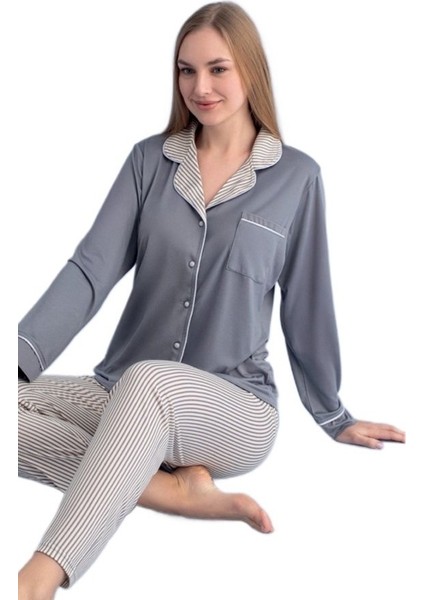 Gabriella Uzun Kollu Düğmeli Kadın Pijama Takımı Ev Giyim Hediyelik fırsatları