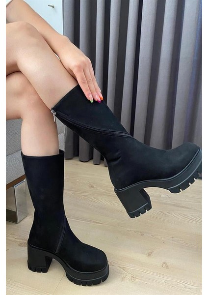 Kadın Siyah Süet Döner Fermuarlı Çizme