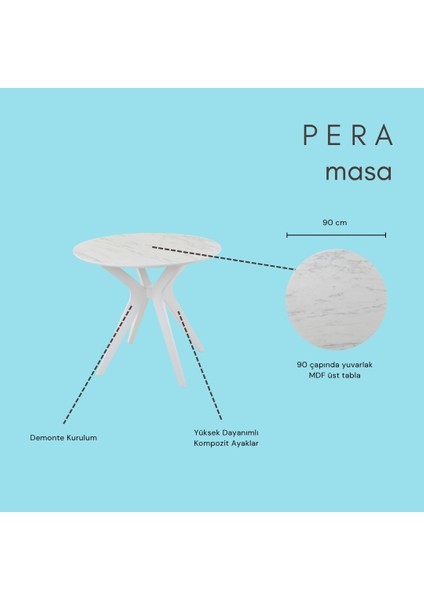 90X90CM Yuvarlak Masa Marmo-Beyaz Mutfak Masası-Balkon Masası Pera Model fırsatları