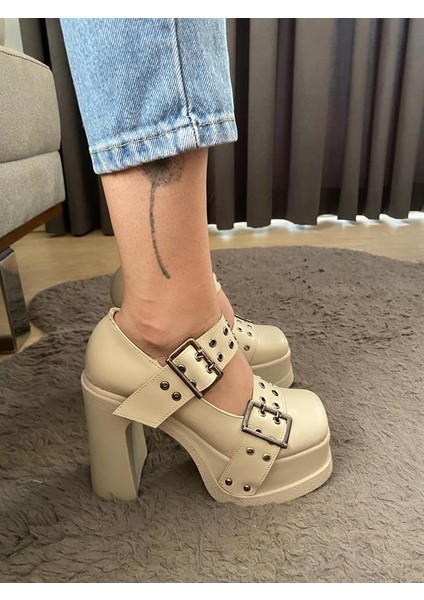 Kadın Krem Iki Tokalı Kapsul Detaylı 12 cm Platform Topuklu Ayakkabı fiyatları
