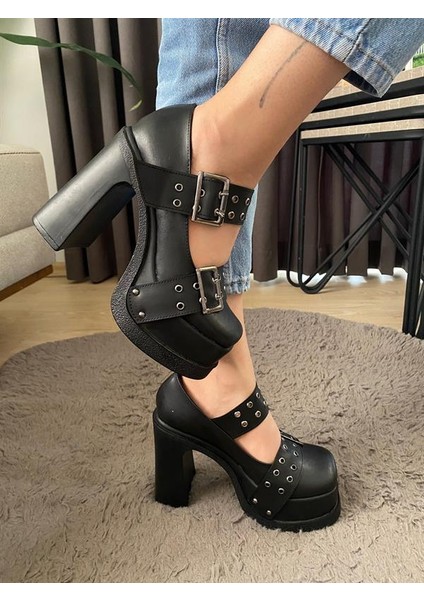 Kadın Sıyah Deri Iki Tokalı Kapsul Detaylı 12 cm Platform Topuklu Ayakkabı modelleri