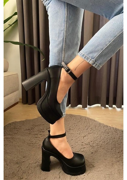 Kadın Siyah Deri Bilekten Bağlamal (12 cm ) Platform Topuklu Ayakkabı
