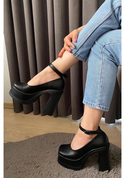 Kadın Siyah Deri Bilekten Bağlamal (12 cm ) Platform Topuklu Ayakkabı indirimleri