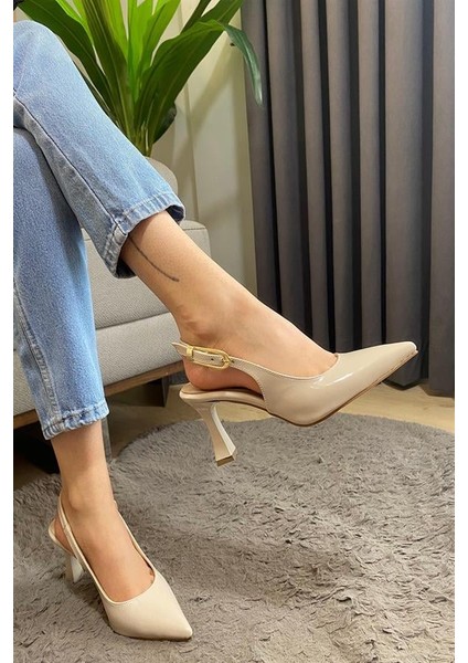 Kadın Krem Rugan Sivri Burun Arkası Acık 8 cm Topuklu Ayakkabı fiyatları