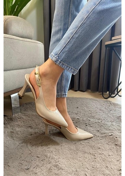 Kadın Krem Rugan Sivri Burun Arkası Acık 8 cm Topuklu Ayakkabı modelleri