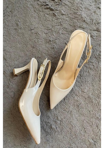 Kadın Krem Rugan Sivri Burun Arkası Acık 8 cm Topuklu Ayakkabı indirimleri