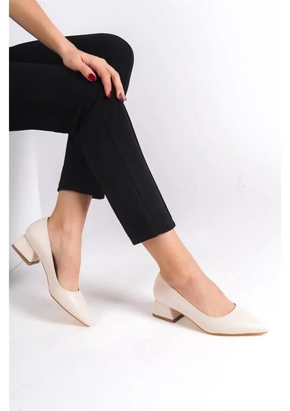 Kadın Krem 3,5 cm Kalın Topuklu Ayakkabı