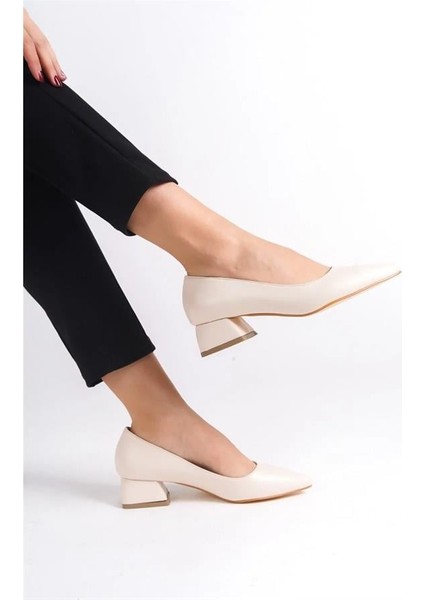 Kadın Krem 3,5 cm Kalın Topuklu Ayakkabı modelleri