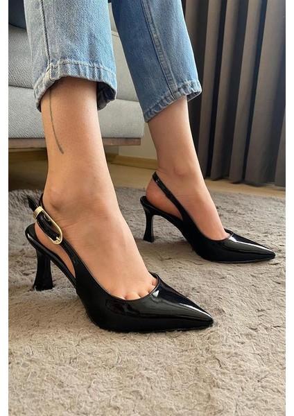 Kadın Siyah Rugan Sivri Burun Arkası Acık 8 cm Topuklu Ayakkabı fırsatları