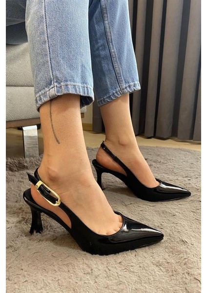 Kadın Siyah Rugan Sivri Burun Arkası Acık 8 cm Topuklu Ayakkabı indirimleri