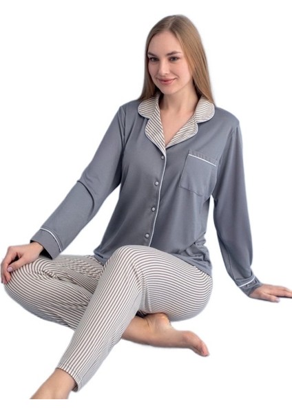 Gabriella Uzun Kollu Düğmeli Kadın Pijama Takımı Ev Giyim Hediyelik