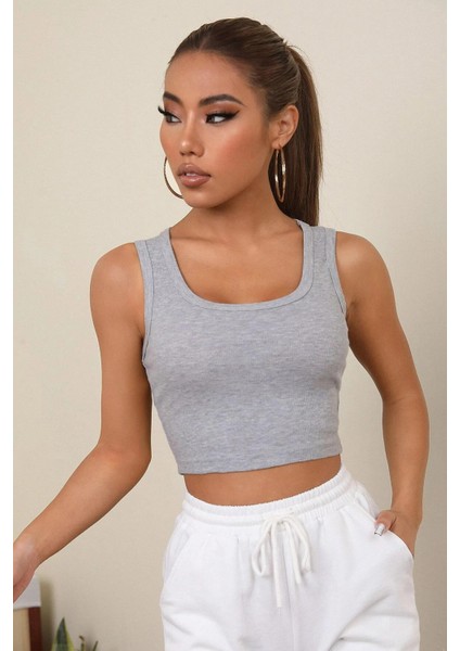 Kadın Gri Kare Yaka Crop Top Bluz