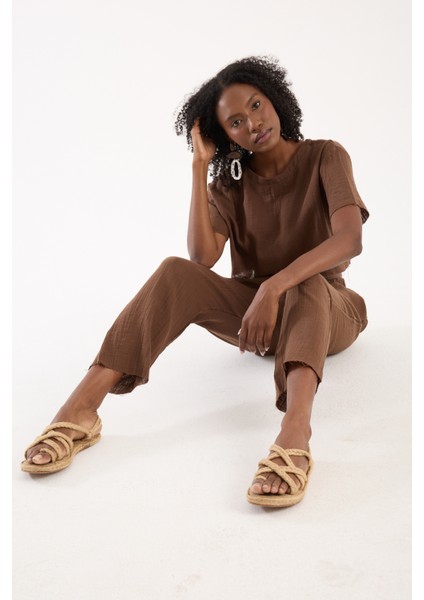 Kahverengi Müslin %100 Pamuk Şalvar Pantolon Kadın Günlük Bohem Tarz Rahat fiyatları